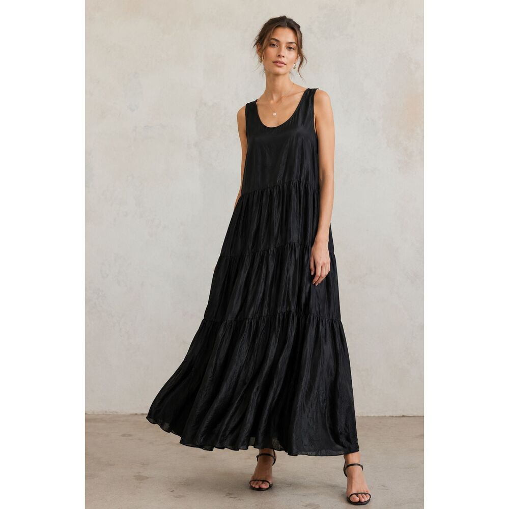 Pure DKNY 100% Silk Tiered Maxi Dress Women M Black Sleeveless Boho